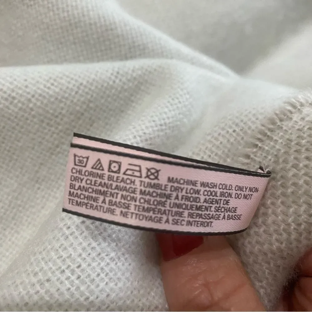 Victoria's Secret Cream Pink Gray Stripe Logo Fringe Blanket Throw 52 x 61